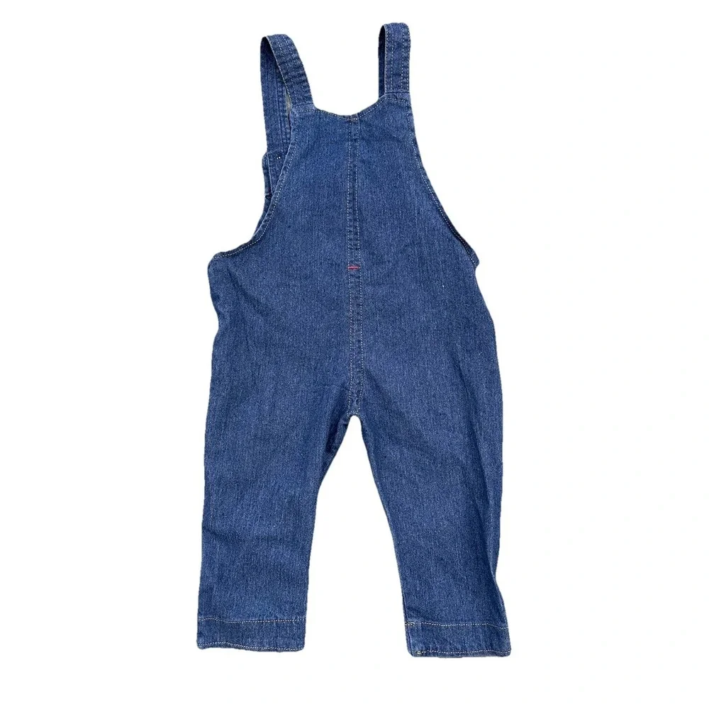 Childs Bib Blue Jean  Overalls Size 2-3Y Embroidered Bear Patches 2 Size Adjusts